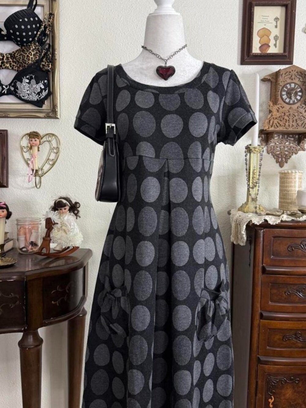 Y2k preppy girly grunge grey quirky mod style babydoll midi dress w pockets